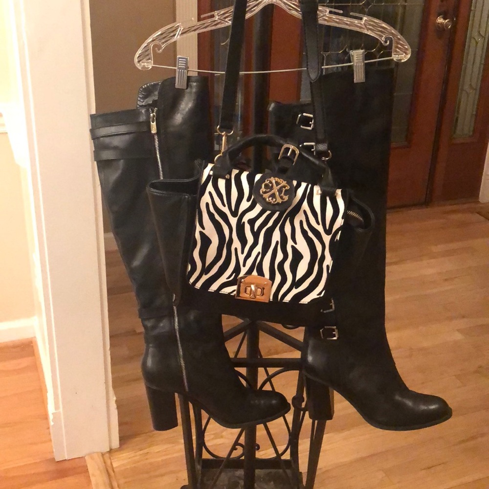Black leather boots & leather zebra print purse